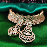 N0590_Lovely flower designer choker necklace embellished with american diamond stones with a touch of Sea green stones.