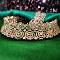 N0590_Lovely flower designer choker necklace embellished with american diamond stones with a touch of Sea green stones.