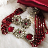 N0595_Classic crystal with floral design pendant choker necklace set studded  with Kundan stones.