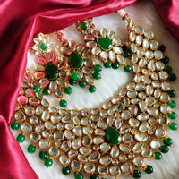 N0594_Royal designer choker necklace set studded with Kundan stones with a touch of glossy green beads.