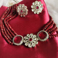 N0595_Classic crystal with floral design pendant choker necklace set studded  with Kundan stones.