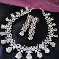N0592_Elegant flower design choker necklace embellished with american diamond stones with a touch of pink stones.