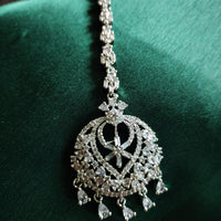 M034_Classy design American diamond studded Maang tika with delicate stone work.