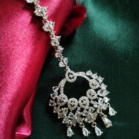 M035_Designer American diamond studded Maang tika with delicate stone work.