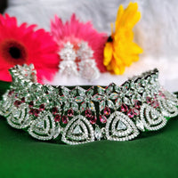 N0560_Ravising designer American Diamond stones choker set with delicate stone work with a touch of wine red stone.