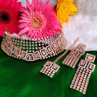 N0579_Classic broad designer rose gold choker necklace embellished with delicate work of American diamond stones.