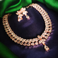 N0597_Vintage style rose gold designer choker necklace embellished with american diamond stones  studded with a touch of pink stones.