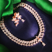 N0597_Vintage style rose gold designer choker necklace embellished with american diamond stones  studded with a touch of pink stones.