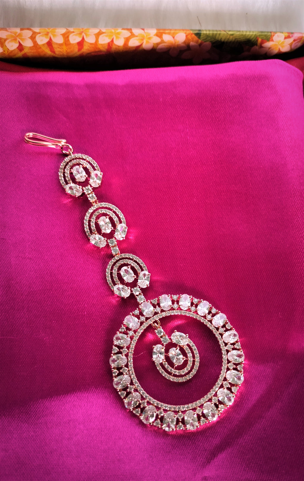M041_Classy circular design  American diamond studded Maang tika with delicate stone work.