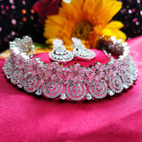 N0564_Lovely floral design American Diamond stones necklace set with a touch of  pink stone.