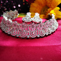 N0564_Lovely floral design American Diamond stones necklace set with a touch of  pink stone.