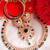 N0505_Gorgeous  designer rose gold american diamond embellished necklace set with a touch of  multi colour