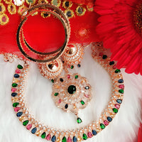 N0505_Gorgeous  designer rose gold american diamond embellished necklace set with a touch of  multi colour