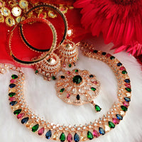 N0505_Gorgeous  designer rose gold american diamond embellished necklace set with a touch of  multi colour