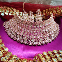 N0603_Classic broad designer rose gold choker necklace embellished with delicate work of American diamond stones.