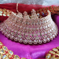N0603_Classic broad designer rose gold choker necklace embellished with delicate work of American diamond stones.