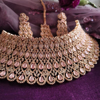 N0603_Classic broad designer rose gold choker necklace embellished with delicate work of American diamond stones.
