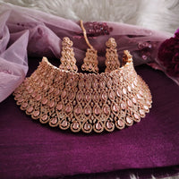 N0603_Classic broad designer rose gold choker necklace embellished with delicate work of American diamond stones.