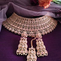 N0603_Classic broad designer rose gold choker necklace embellished with delicate work of American diamond stones.