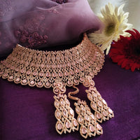 N0603_Classic broad designer rose gold choker necklace embellished with delicate work of American diamond stones.