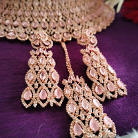 N0603_Classic broad designer rose gold choker necklace embellished with delicate work of American diamond stones.