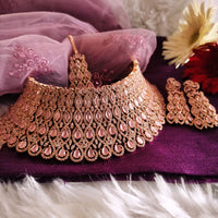 N0603_Classic broad designer rose gold choker necklace embellished with delicate work of American diamond stones.