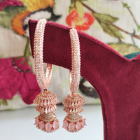 E01007_Ravishing grand layered designer rose gold  hoop jumkas with delicate stone work.