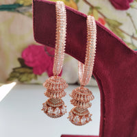 E01005_Ravishing grand layered designer rose gold  hoop jumkas with delicate stone work.