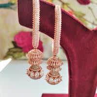 E01005_Ravishing grand layered designer rose gold  hoop jumkas with delicate stone work.