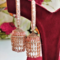 E0876_Ravishing grand layered designer rose gold  hoop jumkas with delicate stone work.