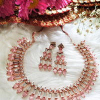 N01102_Lovely designer rose gold choker necklace embellished with American diamond stones with delicate baby pink stone work.