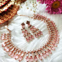 N01102_Lovely designer rose gold choker necklace embellished with American diamond stones with delicate baby pink stone work.