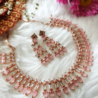 N01102_Lovely designer rose gold choker necklace embellished with American diamond stones with delicate baby pink stone work.