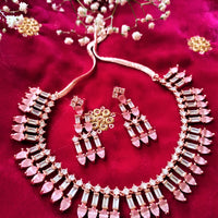 N01102_Lovely designer rose gold choker necklace embellished with American diamond stones with delicate baby pink stone work.