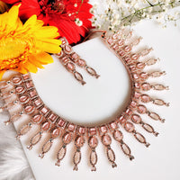 N01109_Lovely designer rose gold choker necklace embellished with American diamond stones with delicate baby pink stone work.