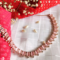 N01112_Lovely designer rose gold polished choker necklace embellished with American diamond stones with delicate pink stone work.