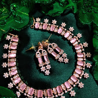 N01121_Lovely designer Rose polished choker necklace embellished with American diamond stones with delicate pink stone work.