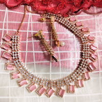 N01115_Lovely designer Rose polished choker necklace embellished with American diamond stones with delicate pink stone work.