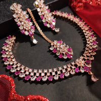 N01128_Lovely designer Rose polished choker necklace embellished with American diamond stones with delicate pink stone work.