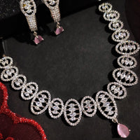 N01124_Lovely designer Rodium polished choker necklace embellished with American diamond stones with delicate pink stone work.