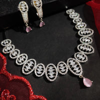 N01124_Lovely designer Rodium polished choker necklace embellished with American diamond stones with delicate pink stone work.