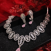 N01124_Lovely designer Rodium polished choker necklace embellished with American diamond stones with delicate pink stone work.