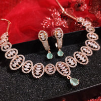 N01126_Lovely designer Rose polished choker necklace embellished with American diamond stones with delicate mint green stone work.