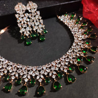 N01129_Lovely designer Rose polished choker necklace embellished with American diamond stones with delicate Green stone work.