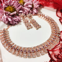 N01128_Lovely designer Rose polished choker necklace embellished with American diamond stones with delicate pink stone work.