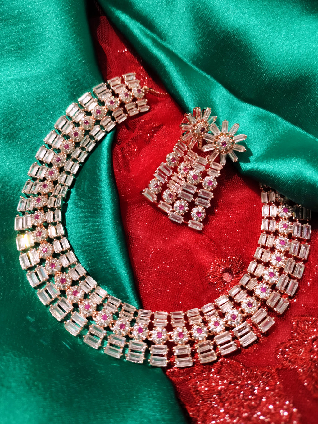 N01128_Lovely designer Rose polished choker necklace embellished with American diamond stones with delicate pink stone work.