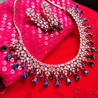 N01137_Grand Lovely designer Rose gold polished choker necklace embellished with American diamond stones with delicate white and Blue stone work.
