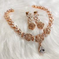 N01143_Grand Lovely designer Rose gold polished choker necklace embellished with American diamond stones with delicate white  stone work.