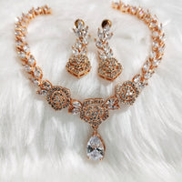 N01143_Grand Lovely designer Rose gold polished choker necklace embellished with American diamond stones with delicate white  stone work.