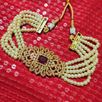 N02001_Classic designer off white pearl crystal Grand square shaped pendant choker necklace set studded  with  American diamond stones.